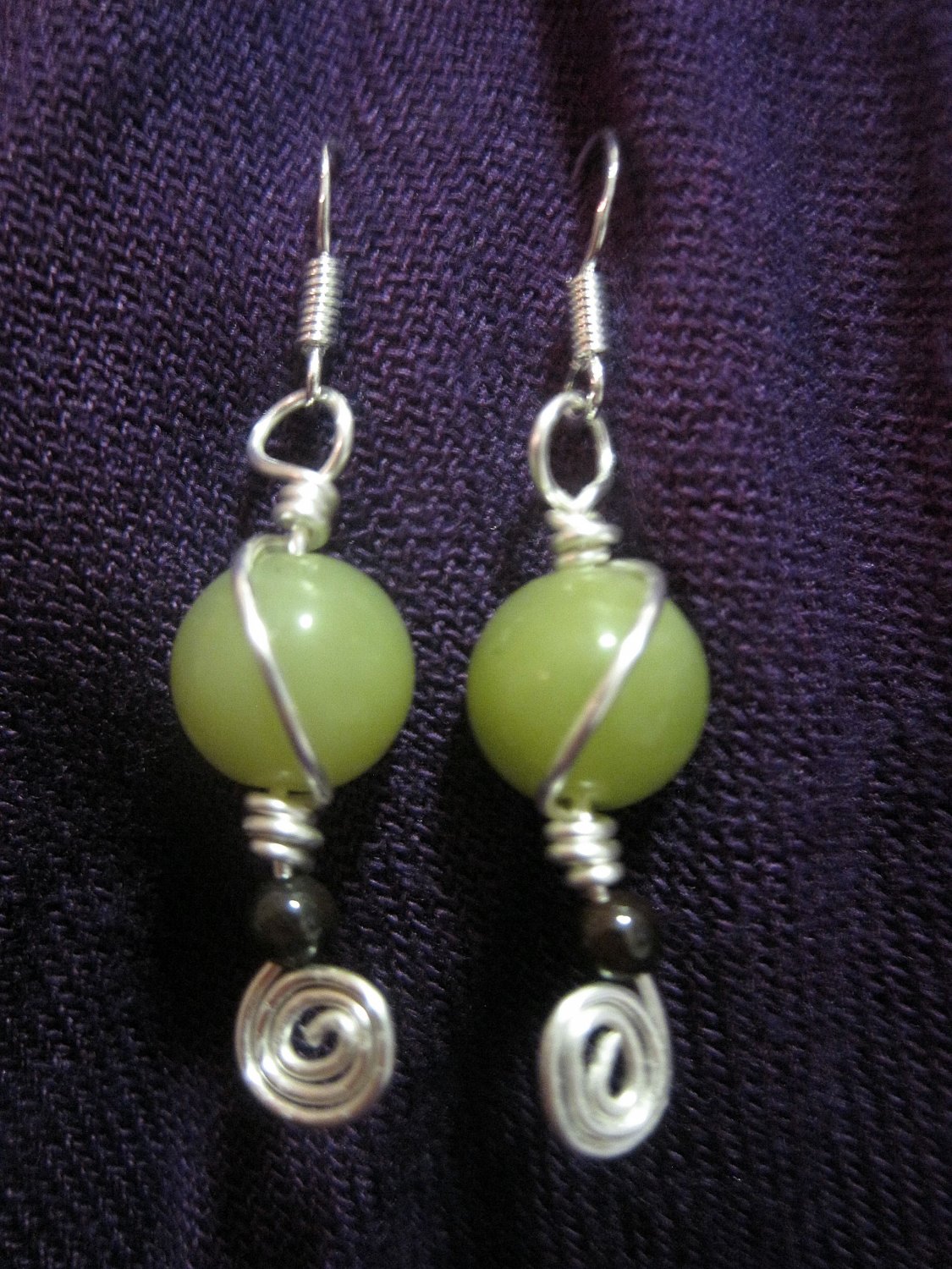 Wire Swirl African Jade, and Garnet Earring