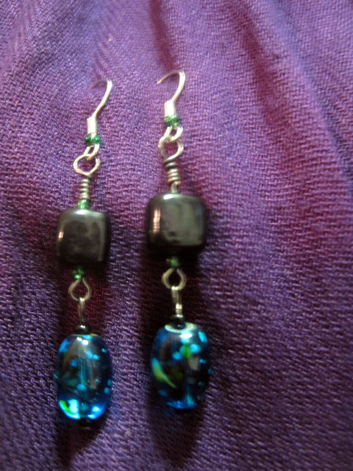 Black Square, Blue Lampwork Glass Earrings