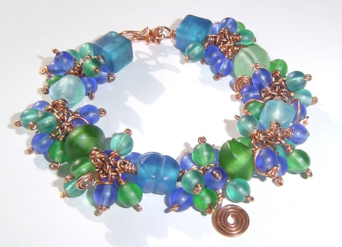 blue green copper and glass bracelet