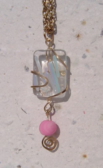 pink or blue fused glass and brass pendant