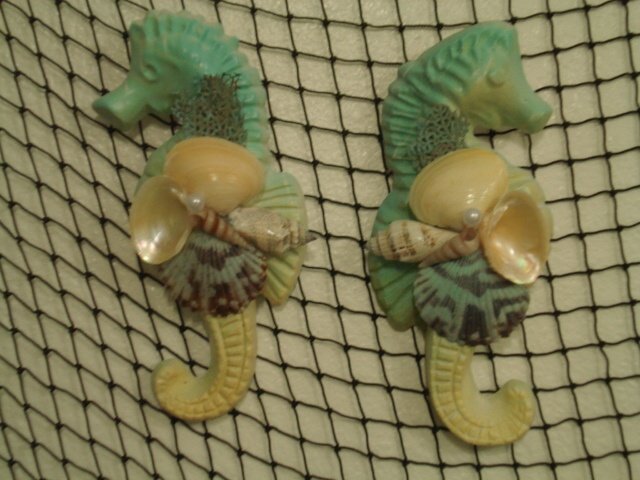Large seahorse wall plaques (teal with yellow tail) set of two