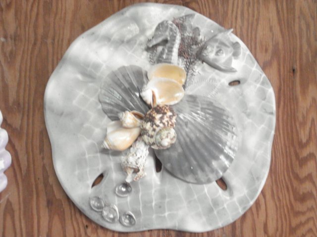 Sand Dollar Wall Plaque Grey w/ Fish and Seahorse accent