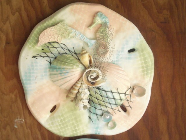 Sand Dollar Wall Plaque Multi color Pastels w/ Dolphin and Seahorse accents