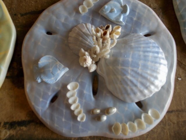 Sand Dollar Plaque Light Blue with Coral