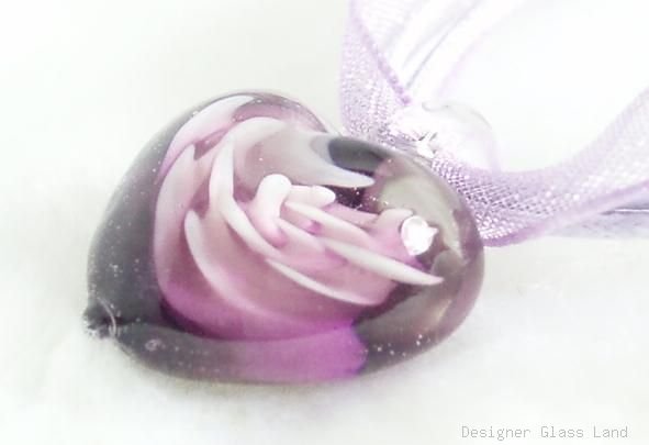 P182 MURANO GLASS PURPLE FLOWER HEART PENDANT NECKLACE