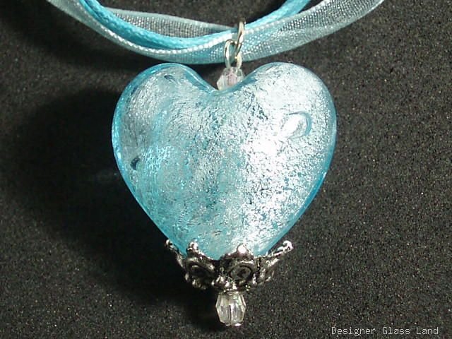 P312 MURANO GLASS SKY BLUE HEART PENDANT NECKLACE