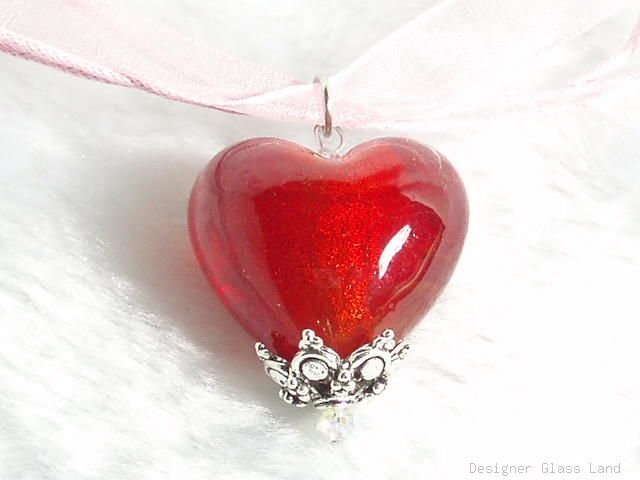 P438 MURANO LAMPWORK GLASS FIRE HEART PENDANT NECKLACE, FREE SHIPPING!!!