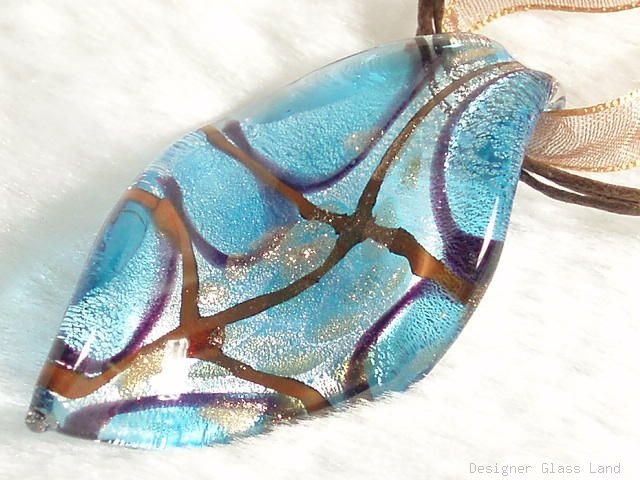 P453 MURANO LAMPWORK GLASS BLUE LEAF PENDANT NECKLACE, FREE SHIPPING!!!