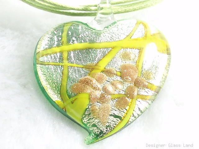 P463 MURANO LAMPWORK GLASS GREEN HEART PENDANT NECKLACE, FREE SHIPPING!!!