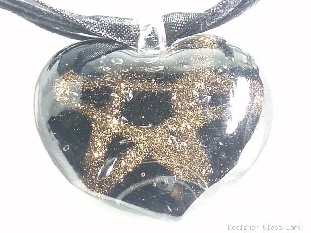 P465 MURANO GLASS BLACK HEART W/STAR PENDANT NECKLACE, FREE SHIPPING!!!