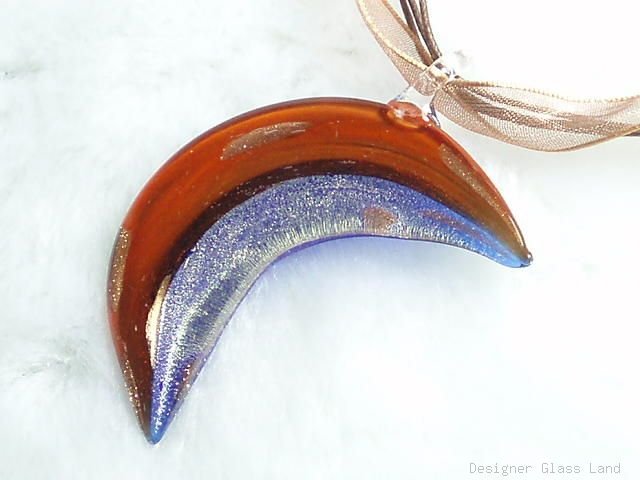 P489 MURANO LAMPWORK GLASS BROWN MOON PENDANT NECKLACE, FREE SHIPPING!!!