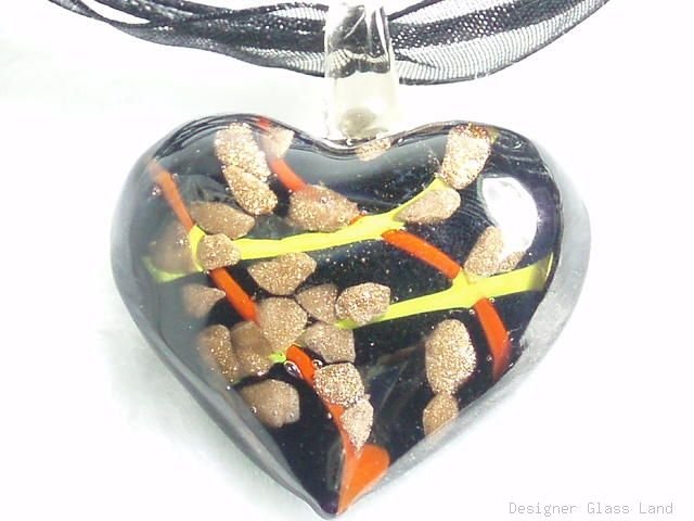 P502 MURANO LAMPWORK GLASS BLACK HEART PENDANT NECKLACE, FREE SHIPPING!!!