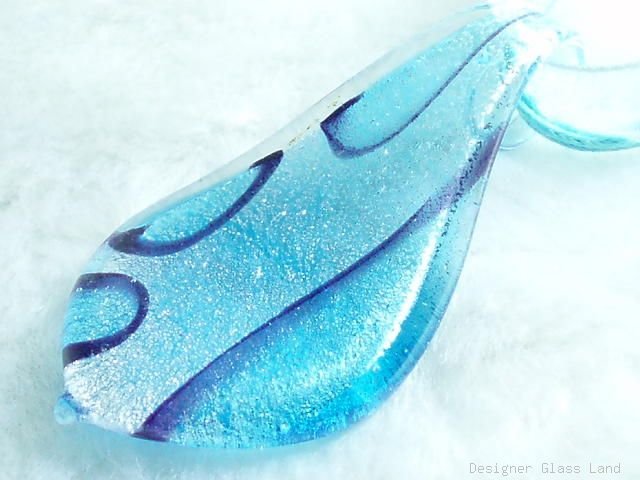 P516 MURANO LAMPWORK GLASS BLUE LEAF PENDANT NECKLACE, FREE SHIPPING!!!