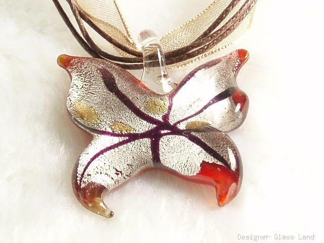 P521 MURANO LAMPWORK GLASS BUTTERFLY PENDANT NECKLACE, FREE SHIPPING!!!