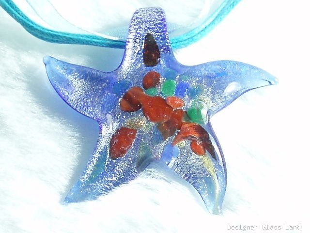 P562 MURANO LAMPWORK GLASS BLUE STAR PENDANT NECKLACE, FREE SHIPPING!!!