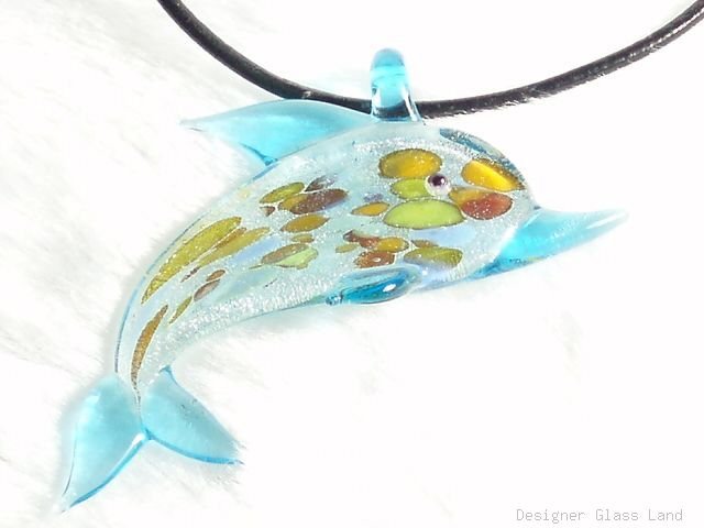 P565 MURANO GLASS BLUE DOLPHIN PENDANT NECKLACE, FREE SHIPPING!!!