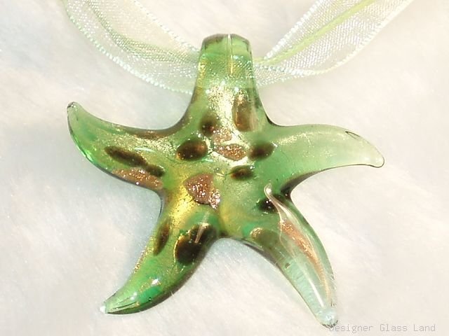 P597 MURANO GLASS PENDANT GOLDEN GREEN STAR NECKLACE, FREE SHIPPING!!!