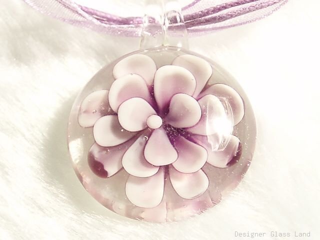 P603 MURANO GLASS PURPLE FLOWER ROUND PENDANT NECKLACE, FREE SHIPPING!!!