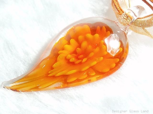 P610 MURANO GLASS ORANGE FLOWER DROP PENDANT NECKLACE, FREE SHIPPING!!!