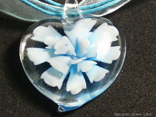 P620 MURANO GLASS BLUE FLOWER HEART PENDANT NECKLACE, FREE SHIPPING!!!