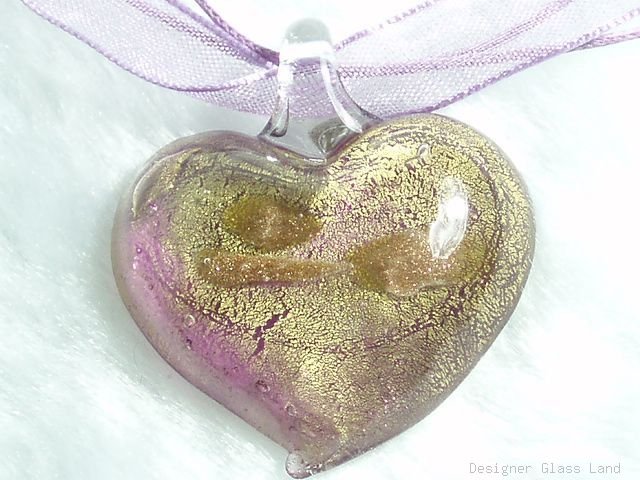 P628 MURANO GLASS PENDANT NECKLACE GOLDEN PURPLE HEART, FREE SHIPPING!!!