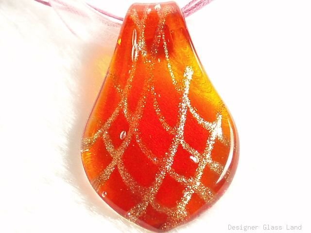 P633 MURANO GLASS GOLDEN RED LEAF PENDANT NECKLACE, FREE SHIPPING!!!