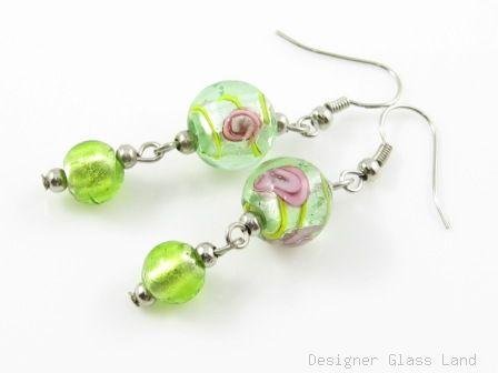ER002 Murano Lampwork Glass Green Dangle Silver Earrings