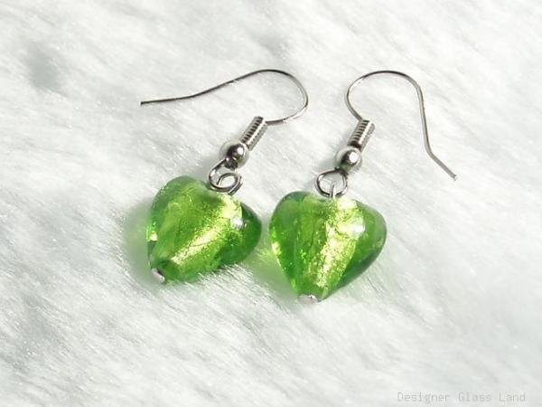 ER030 Lampwork Glass Green Heart Earrings
