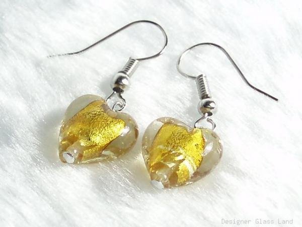 ER034 Lampwork Glass Golden Heart Earrings