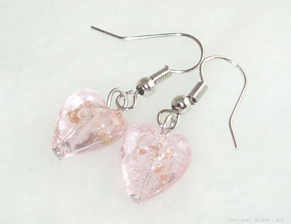ER056 Lampwork Glass Pink Heart Earrings