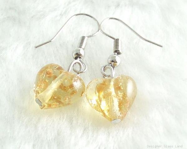 ER063 Lampwork Glass Topaz Rose Heart Silver Earrings