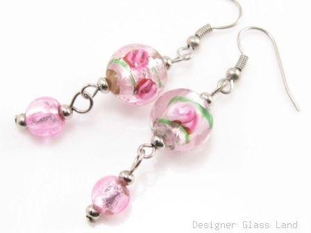 ER067 Lampwork Glass Pink Round Dangle Silver Earrings