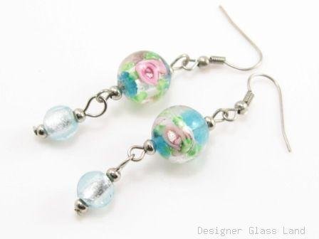 ER068 Lampwork Glass Blue Round Dangle Silver Earrings