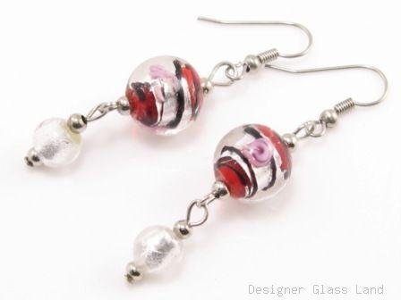 ER070 Lampwork Glass Red Round Dangle Silver Earrings