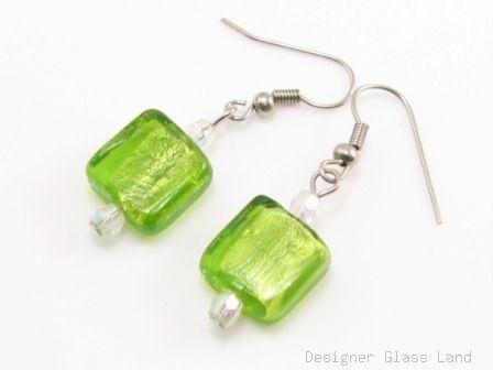ER071 Lampwork Glass Green Grid Dangle Silver Earrings