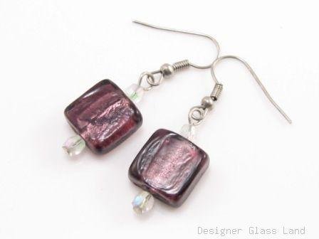 ER072 Lampwork Glass Purple Grid Dangle Silver Earrings