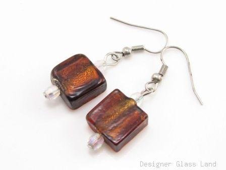 ER074 Lampwork Glass Chocolate Brown Grid Dangle Silver Earrings