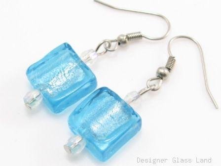ER075 Lampwork Glass Turquoise Blue Grid Dangle Silver Earrings