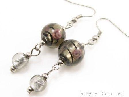 ER076 Lampwork Glass Smoky Round Dangle Silver Earrings