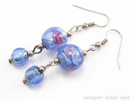ER077 Lampwork Glass Blue Round Dangle Silver Earrings