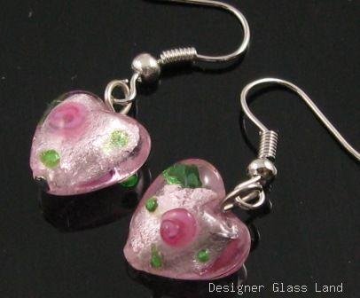 ER078 Lampwork Glass Pink Heart Dangle Silver Earrings