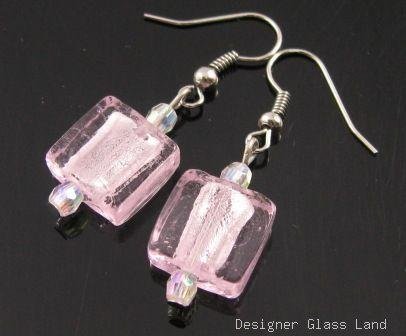 ER079 Lampwork Glass Pink Grid Dangle Silver Earrings