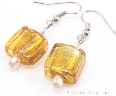 ER080 Lampwork Glass Golden Grid Dangle Silver Earrings