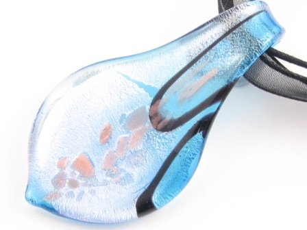 P977 Lampwork Glass Silver Foil Blue Leaf Pendant Necklace Best for Gift