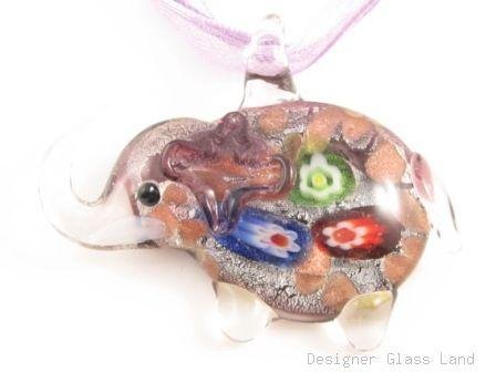P972 Lampwork Glass Funky Millefiori Purple Elephant Pendant Necklace Best for Gift