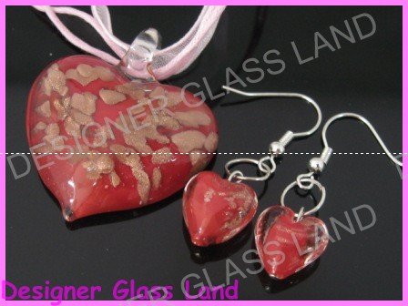 PE091 LAMPWORK GLASS RED HEART PENDANT EARRINGS SET