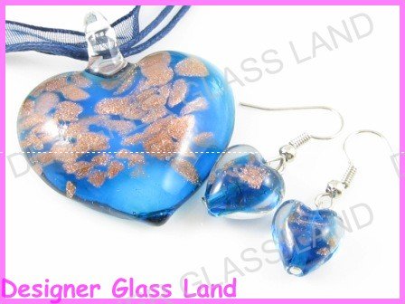 PE092 LAMPWORK GLASS NAVY HEART PENDANT EARRINGS SET