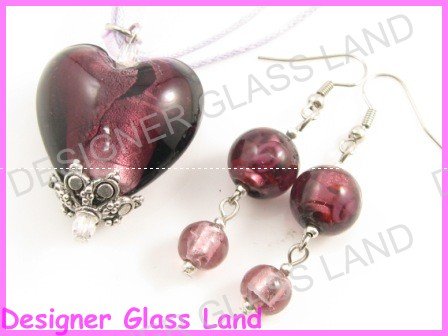 PE095 Lampwork Glass Purple Heart Silver Pendant Earrings Set Best for Gift