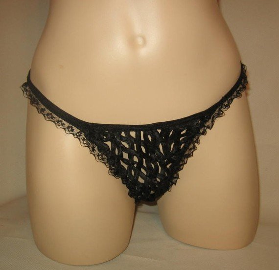 Womens Ribbon Thong G String LINGERIE Lacy Black EXOTIC LADY