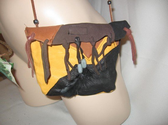 LEATHER Boho Bag Deer Skin FEATHER and BEAD Trim CHOCOLATE MOUNTAINS